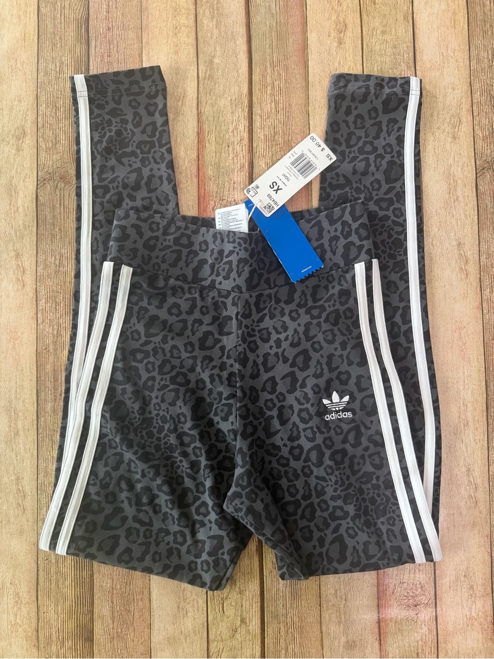 adidas Black & Gray Leopard-Print Leggings with White 3-Stripes
